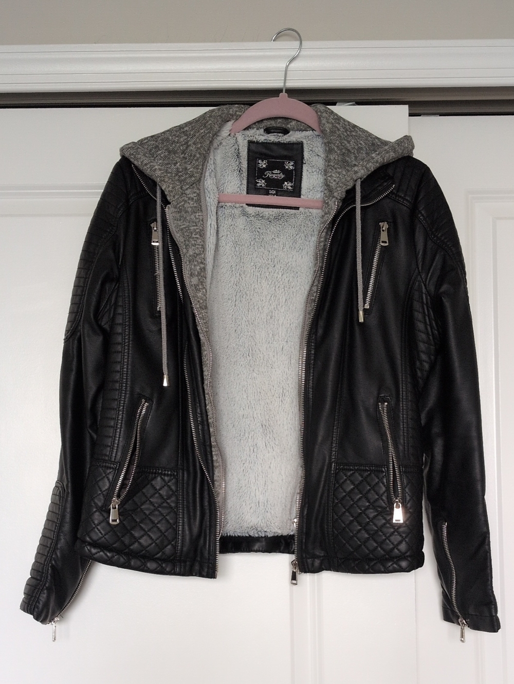 Black Faux Leather Hooded Jacket with Detachable Gray Sherpa Lining
